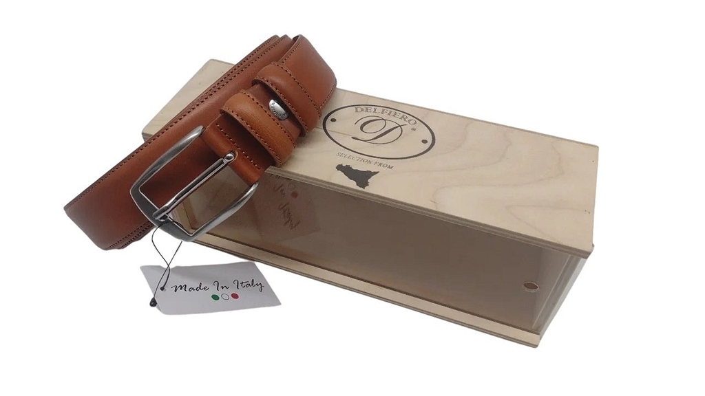 Delfiero vetrina legno con Cintura Italiana Elegant in Pelle Marrone 35mm Nikel free 
