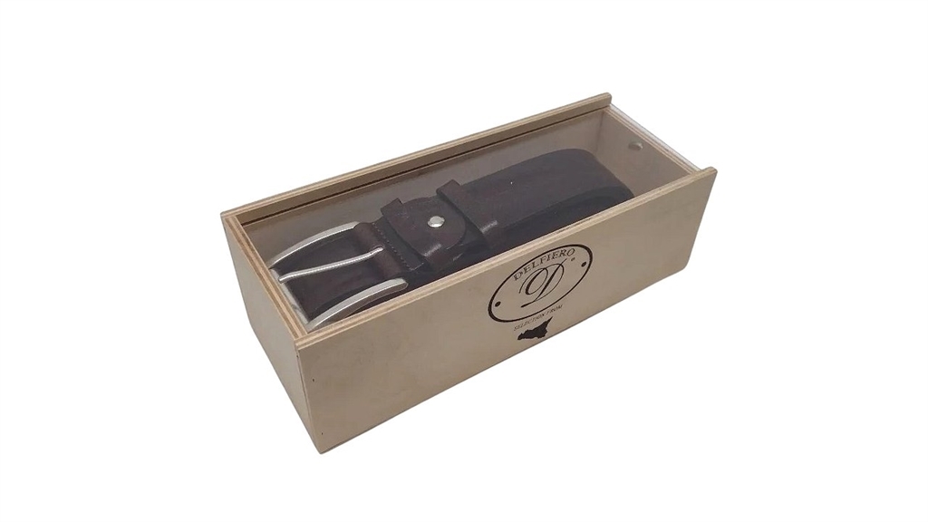 Delfiero vetrina legno con Cintura Italiana Vintage in Cuoio Extra Colore Testa di Moro 40 mm nikel free